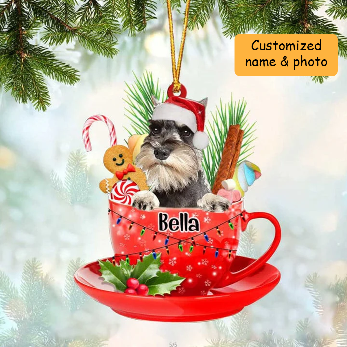 Customized Grey Miniature Schnauzer Dog Santa Hat In Red Cup Acrylic Ornament, Personalized Gifts For Christmas Dog Mom