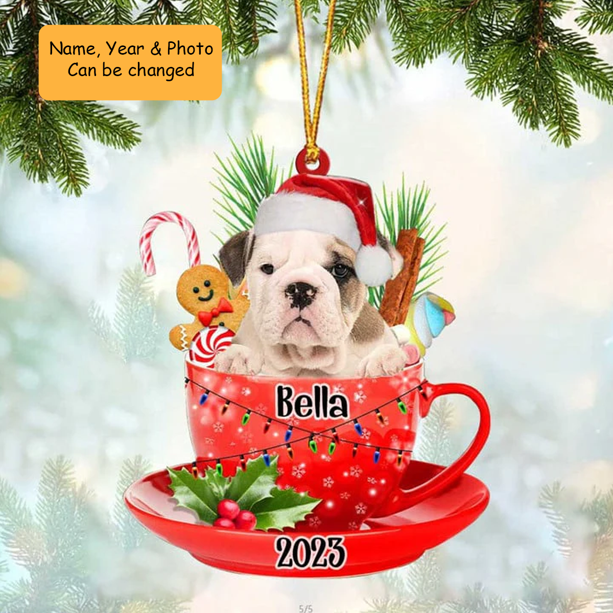 Customized Old English Bulldog & Santa Hat In Red Cup Acrylic Ornament, Personalized Gifts For Christmas Dog Mom