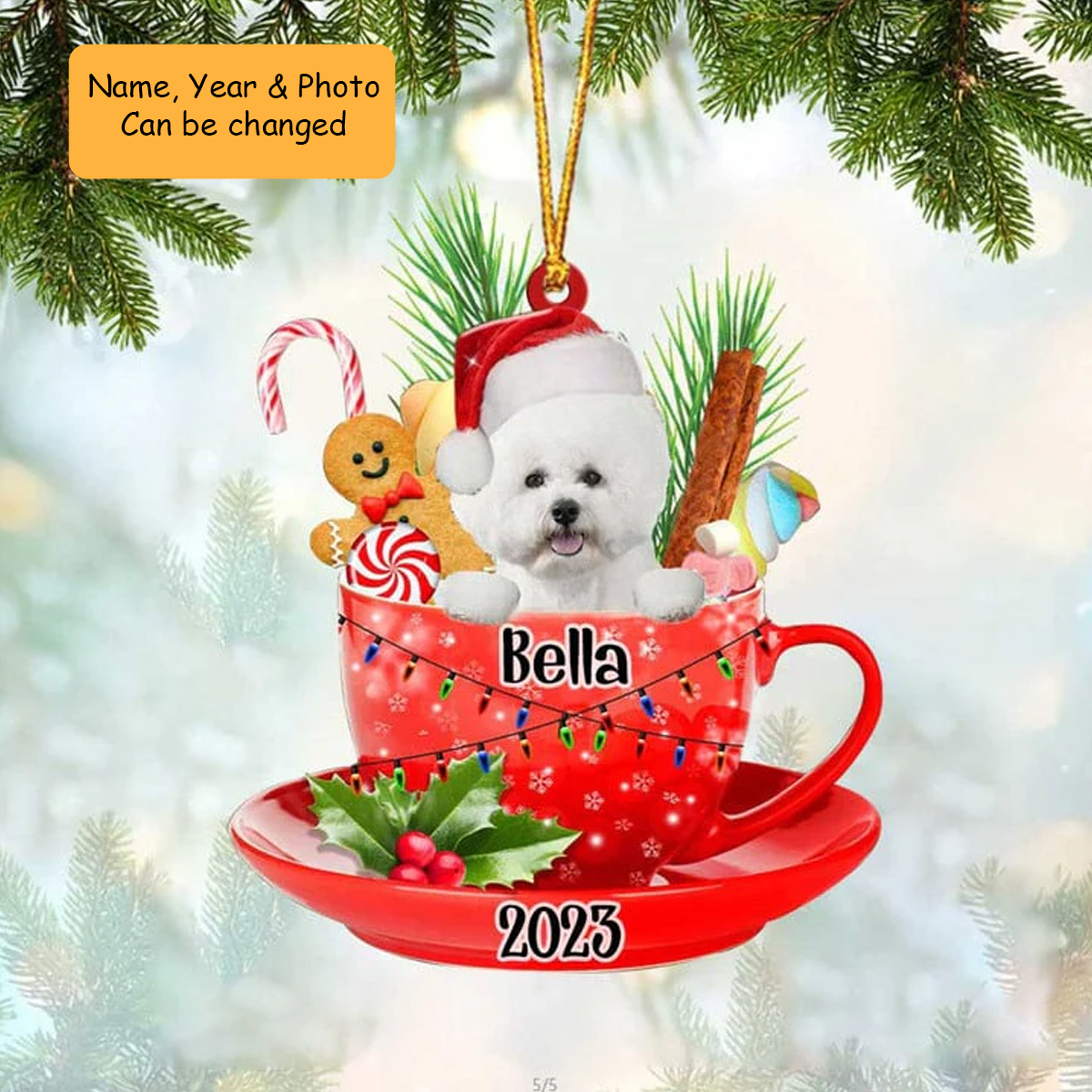 Customized Cute White Bichon Frise & Santa Hat In Red Cup Acrylic Ornament, Personalized Gifts For Christmas Dog Mom