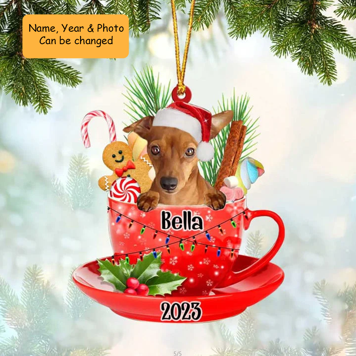 Customized Red Miniature Pinscher & Santa Hat In Red Cup Acrylic Ornament, Personalized Gifts For Christmas