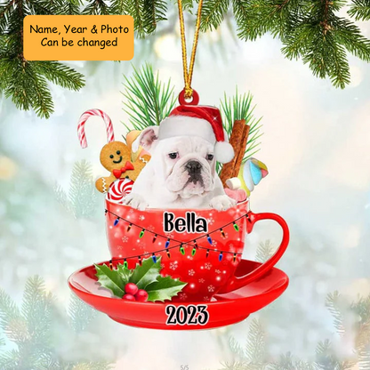 Customized Awesome White English Bulldog & Santa Hat In Red Cup Acrylic Ornament, Personalized Gift For Christmas Dog Mom