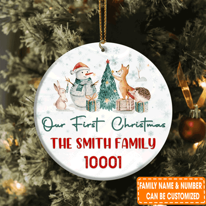 Personalized Snowman And Little Animal Circle Ceramic Ornament For Christian, Holiday Decor