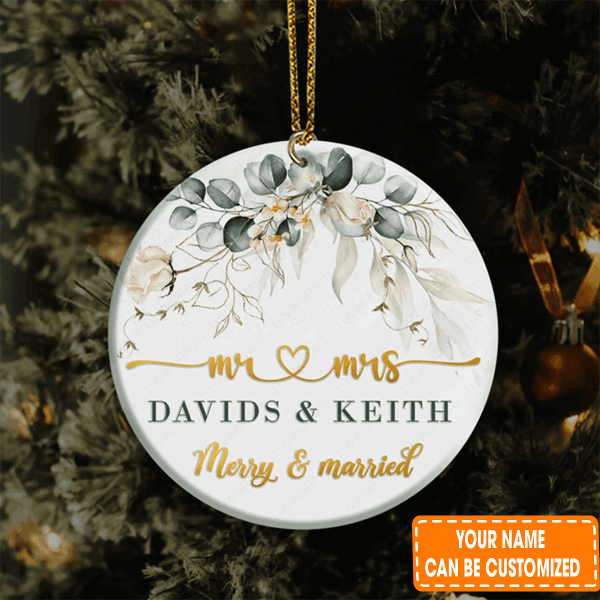 Personalized Christmas Vintage Golden Floral Frame Merry And Married Circle Ceramic Ornament For Couple