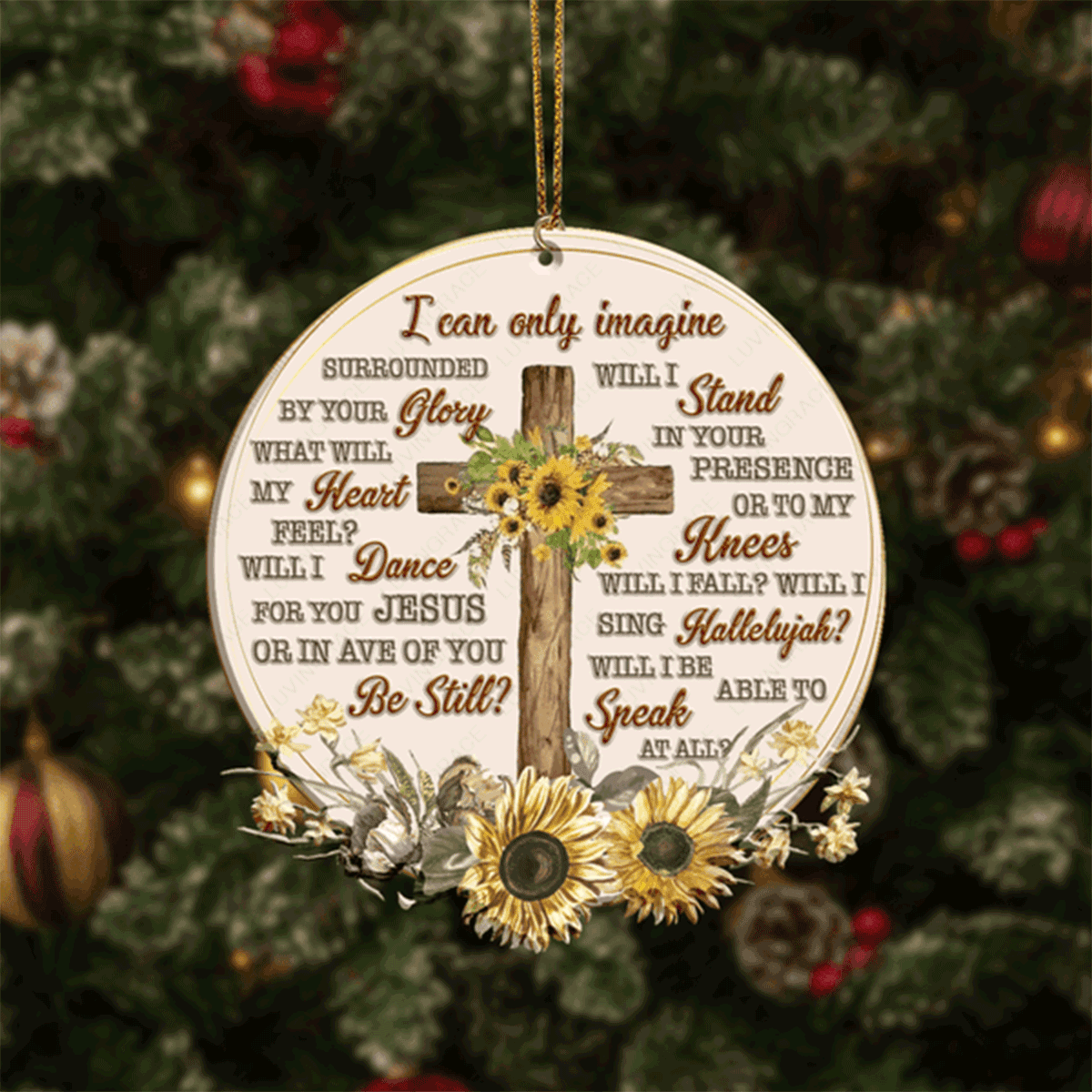 Vintage Sunflower Cross I Can Only Imagine Acrylic Ornament For Christian, God Faith Believers, Christmas Holiday Decor