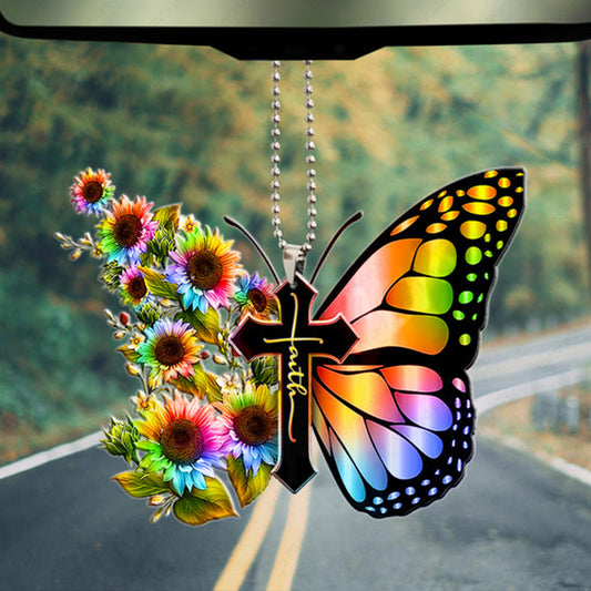 Rainbow Sunflower Butterfly Cross Faith Acrylic Car Ornament - Perfect Christmas Gift For Family, Friends