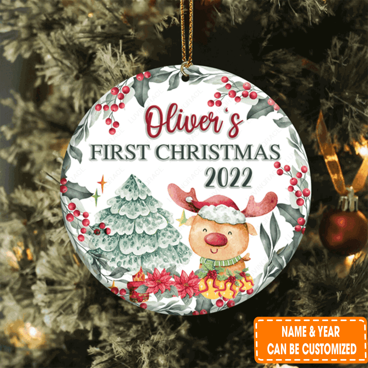 Personalized First Christmas Lovely Reindeer Pine Floral Circle Ceramic Ornament For 1st Christmas Family Decor