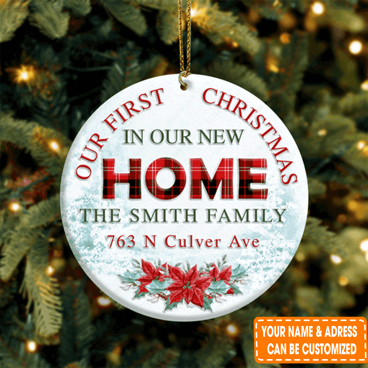 Personalized Poinsettia Snow Our First Christmas Circle Ceramic Ornament For 1st Christmas Family