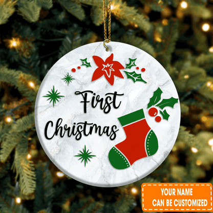 Personalized First Christmas Sock Poinsettia Floral Circle Ceramic Ornament For 1st Christmas Daughter, Son
