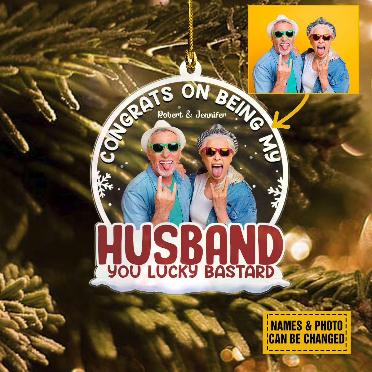 Personalized Couple Family Photo Acrylic Ornaments Congrats On Being My Husband You Lucky Bastard, Gifts For Couple