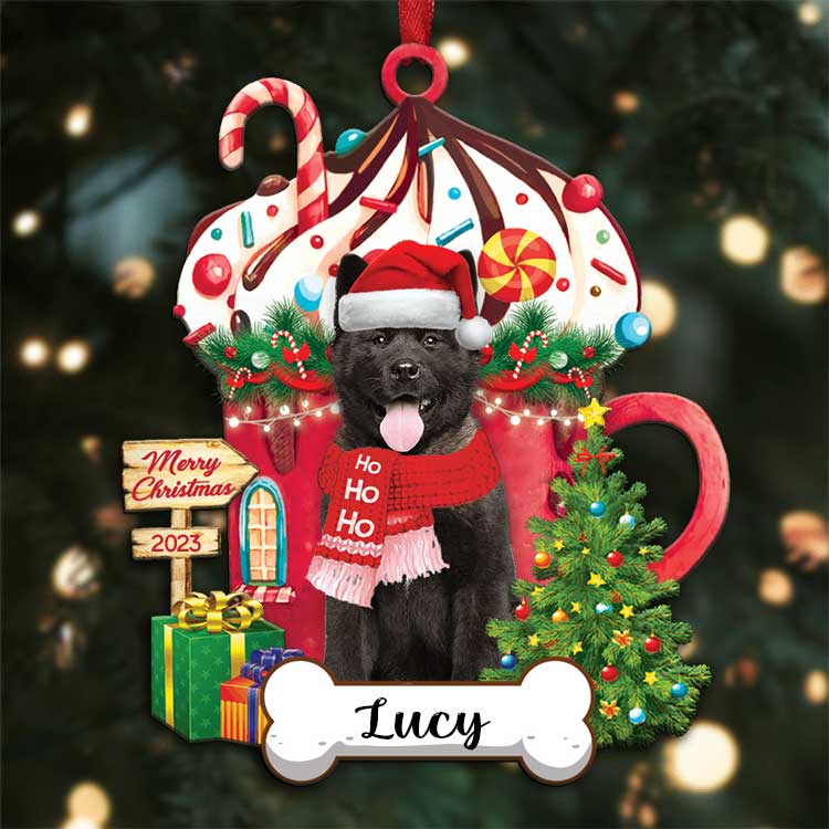 Custom Name Black Akita Inu Dog With Christmas Hot Chocolate Cup Acrylic Ornaments, Ornament Gift For Dog Mom Dad