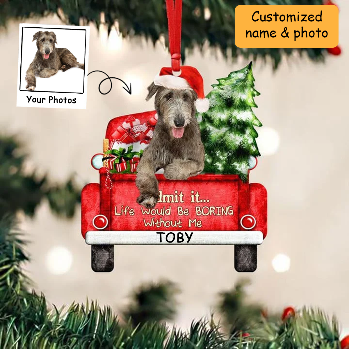 Customized Name Photo Irish Wolfhound On The Red Truck Acrylic Christmas Ornament, Christmas Gift For Dog Lovers, Dog Owners