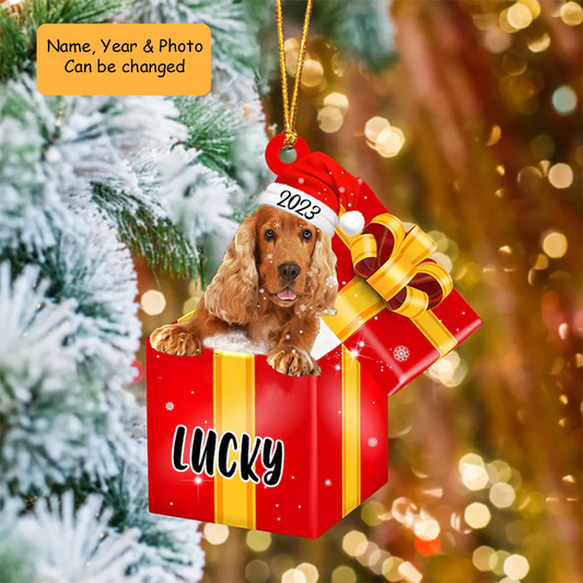 Customized Cocker Spaniel Dog In Red Gift Box Acrylic Ornament, Personalized Gifts For Christmas Dog Mom