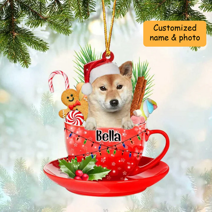 Customized Shiba Inu Dog Santa Hat In Red Cup Acrylic Ornament, Personalized Gifts For Christmas Dog Mom