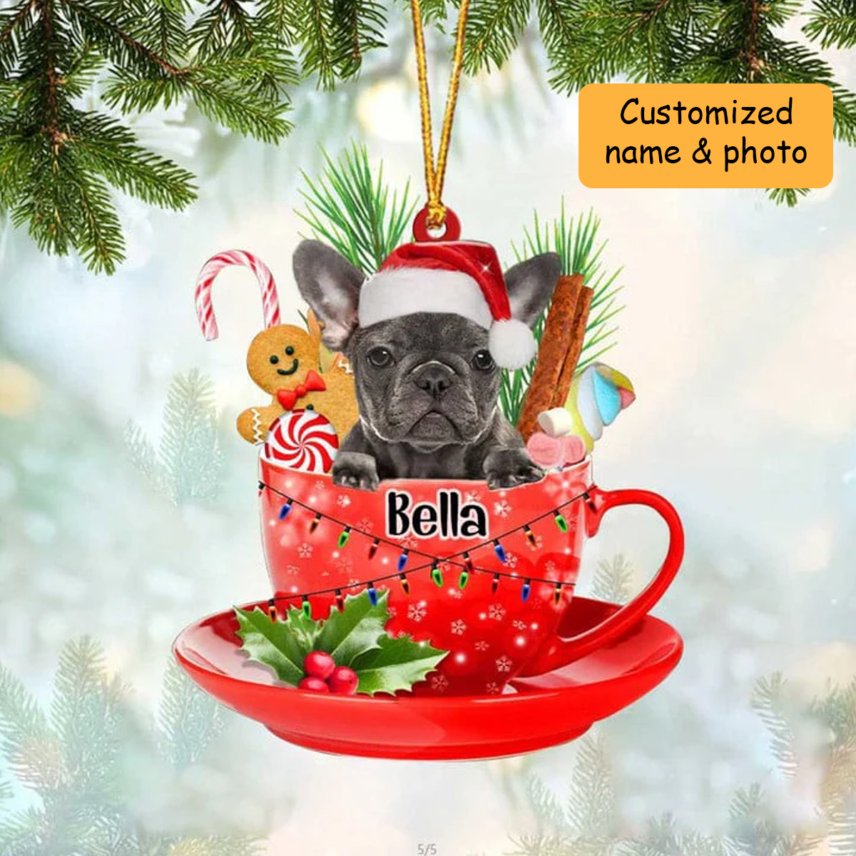 Customized Grey French Bulldog Dog Santa Hat In Red Cup Acrylic Ornament, Personalized Gifts For Christmas Dog Mom