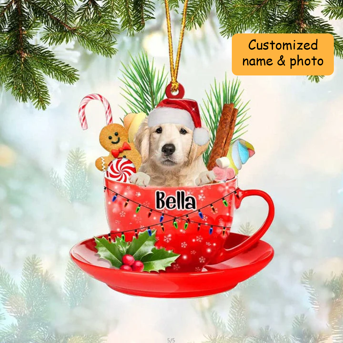 Custom Golden Retriever Dog Santa Hat In Red Cup Acrylic Ornament, Personalized Gifts For Christmas Dog Mom