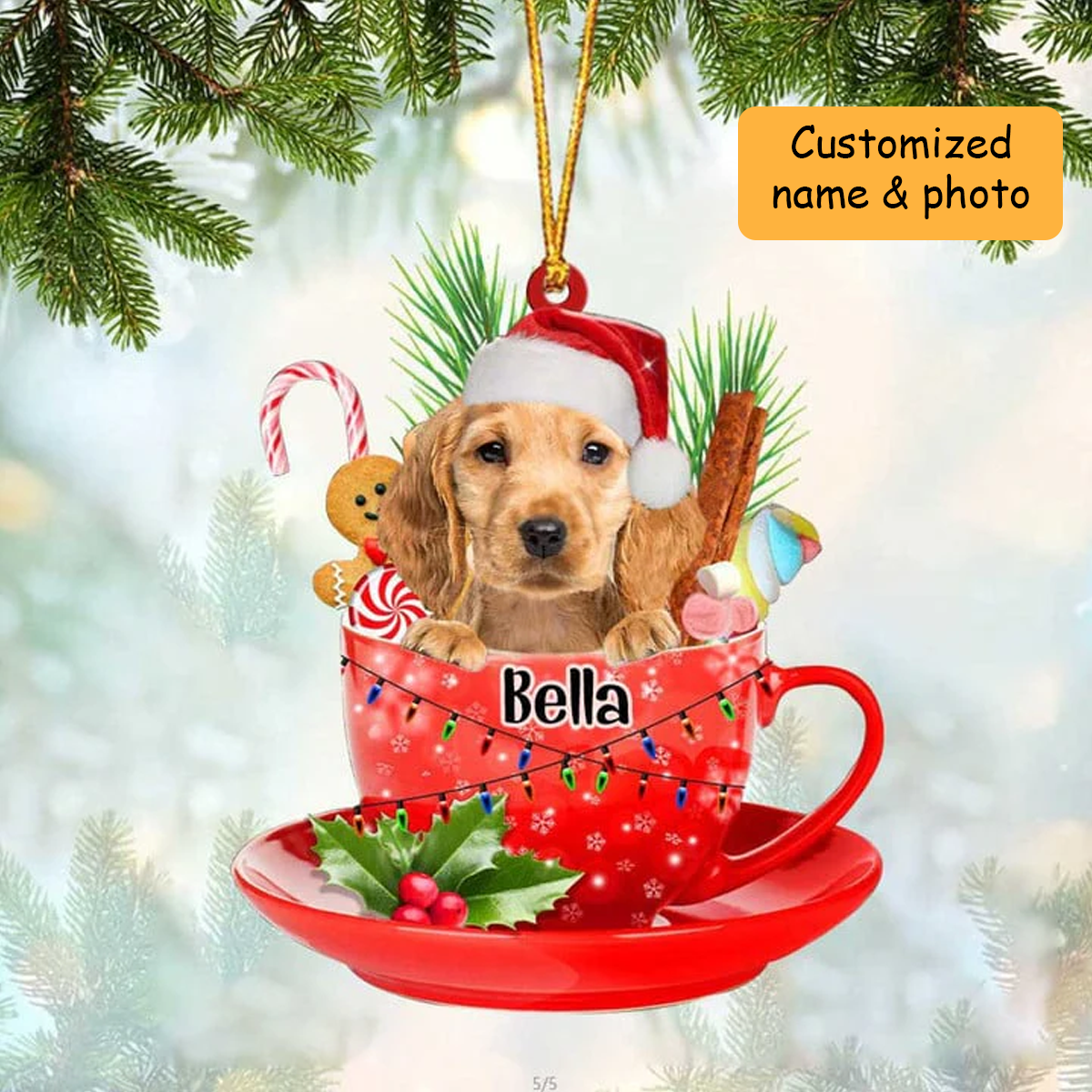 Customized Golden Cocker Spaniel & Santa Hat In Red Cup Acrylic Ornament, Personalized Gifts For Christmas Dog Mom