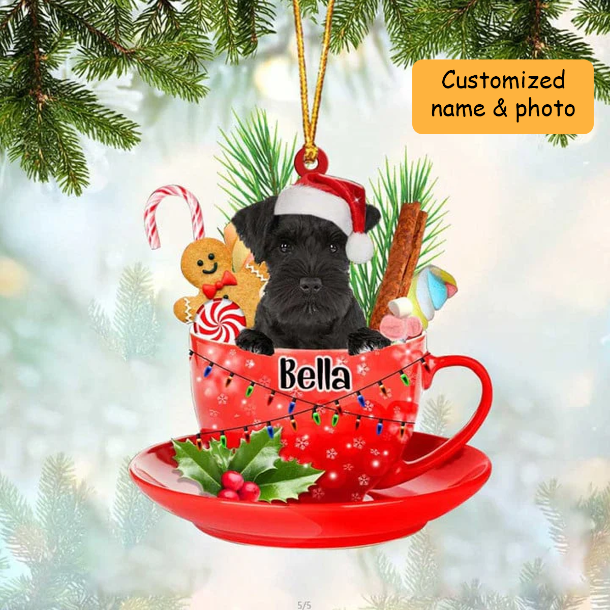 Customized Black Miniature Schnauzer Dog Santa Hat In Red Cup Acrylic Ornament, Personalized Gifts For Christmas Dog Mom