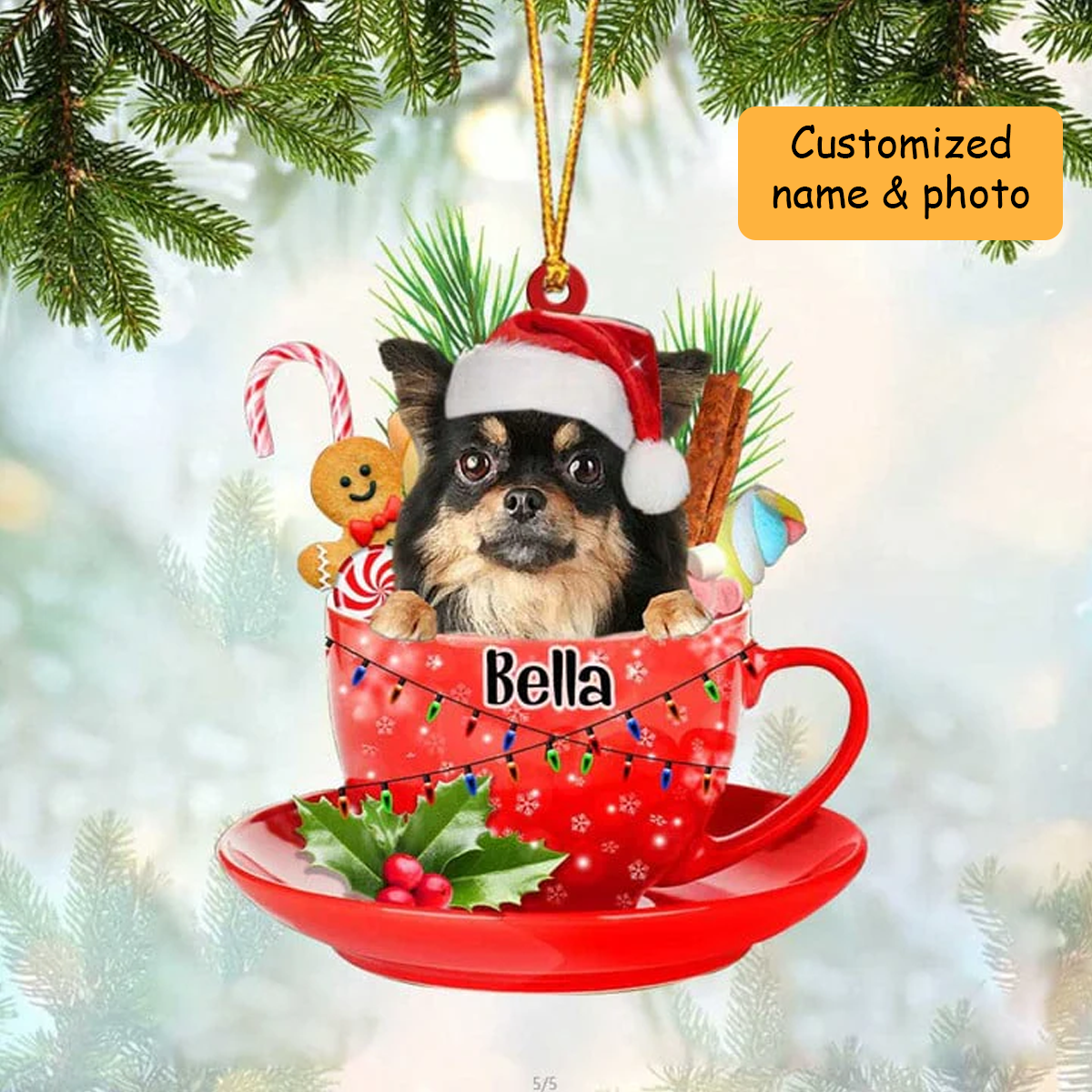 Customized Chihuahua Long Haired & Santa Hat In Red Cup Acrylic Ornament, Personalized Gifts For Christmas Dog Mom