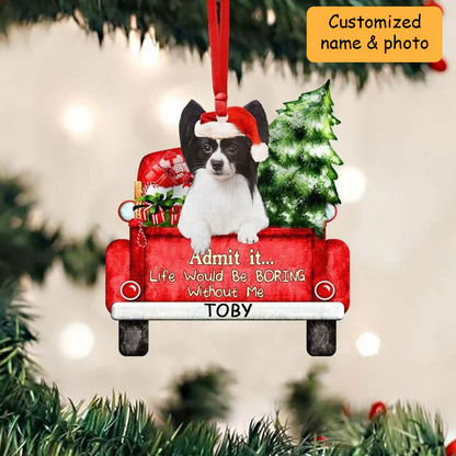 Customized Papillon Dog On The Red Truck Acrylic Christmas Ornament, Christmas Gift For Dog Lovers, Dog Owners