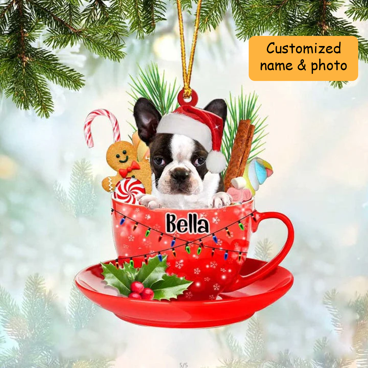 Customized Boston Terrier Dog Santa Hat In Red Cup Acrylic Ornament, Personalized Gifts For Christmas Dog Mom