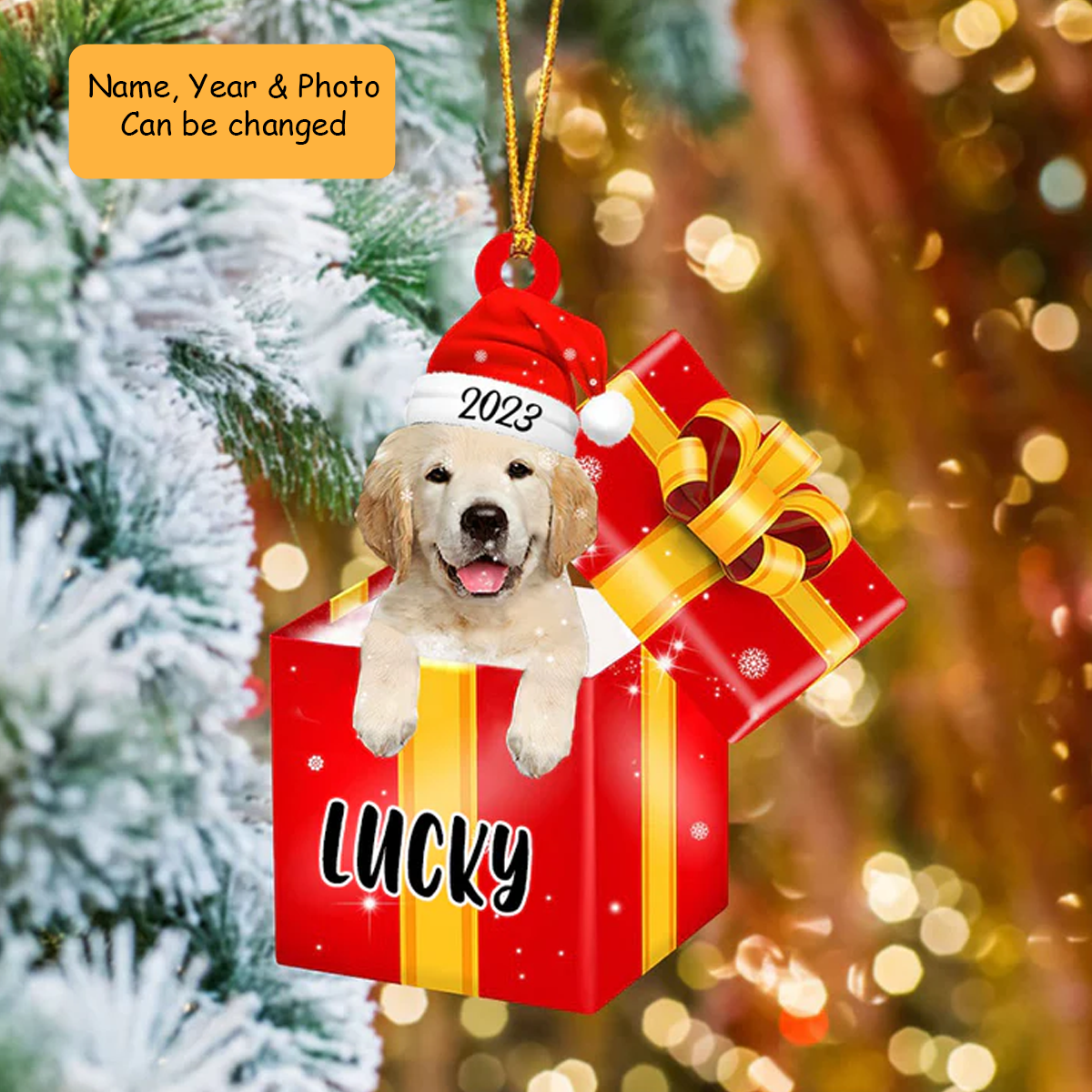 Customized Golden Retriever In Red Gift Box Acrylic Ornament, Personalized Ornament Gifts For Christmas Dog Mom