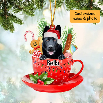 Customized Black German Shepherd In Red Cup Acrylic Ornament, Personalized Gifts For Christmas Dog Mom