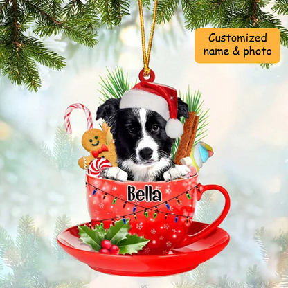 Customized Border Collie In Red Cup Acrylic Ornament, Personalized Ornament Gifts For Christmas Dog Mom