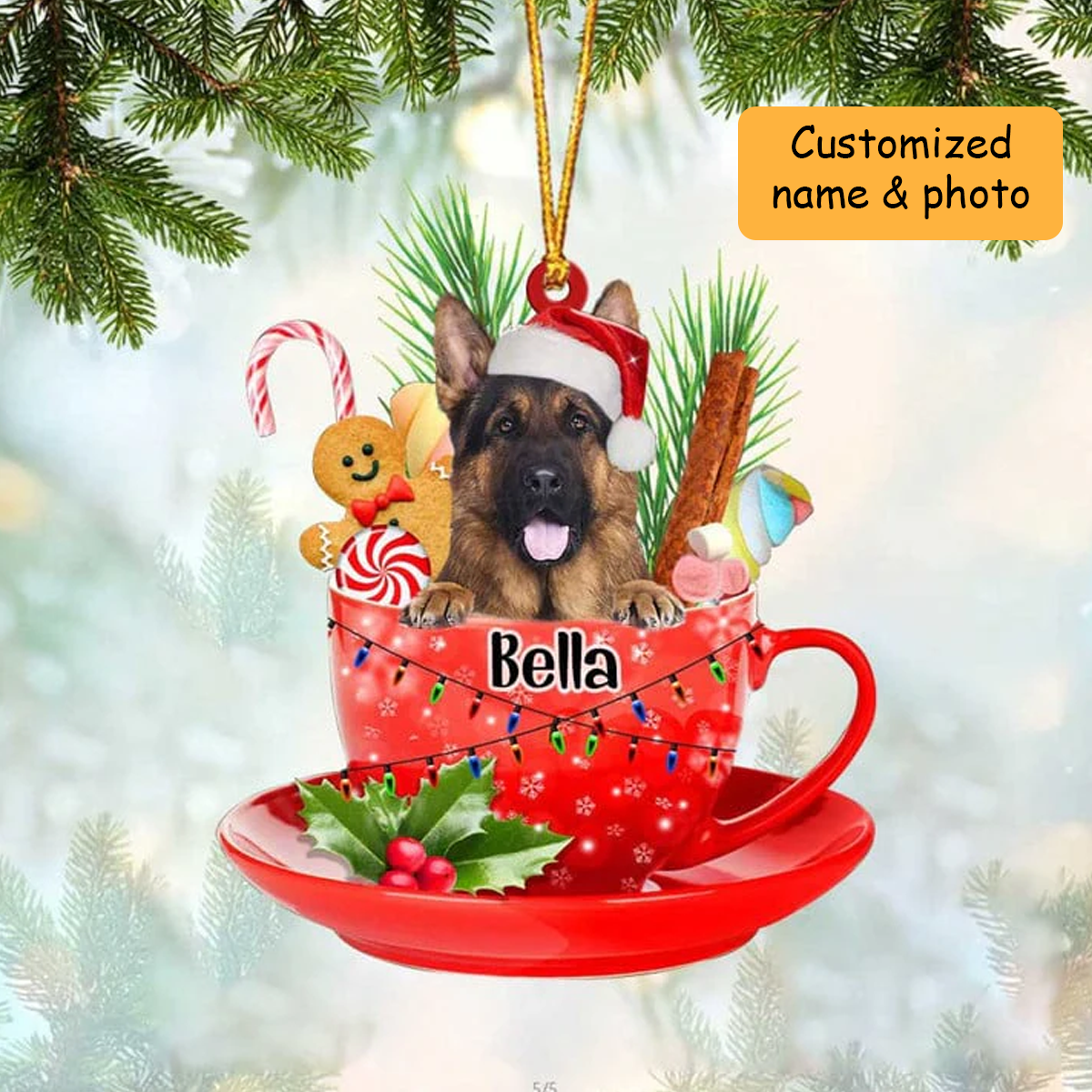 Customized German Shepherd Dog  Santa Hat In Red Cup Acrylic Ornament, Personalized Ornament Gifts For Christmas Dog Mom