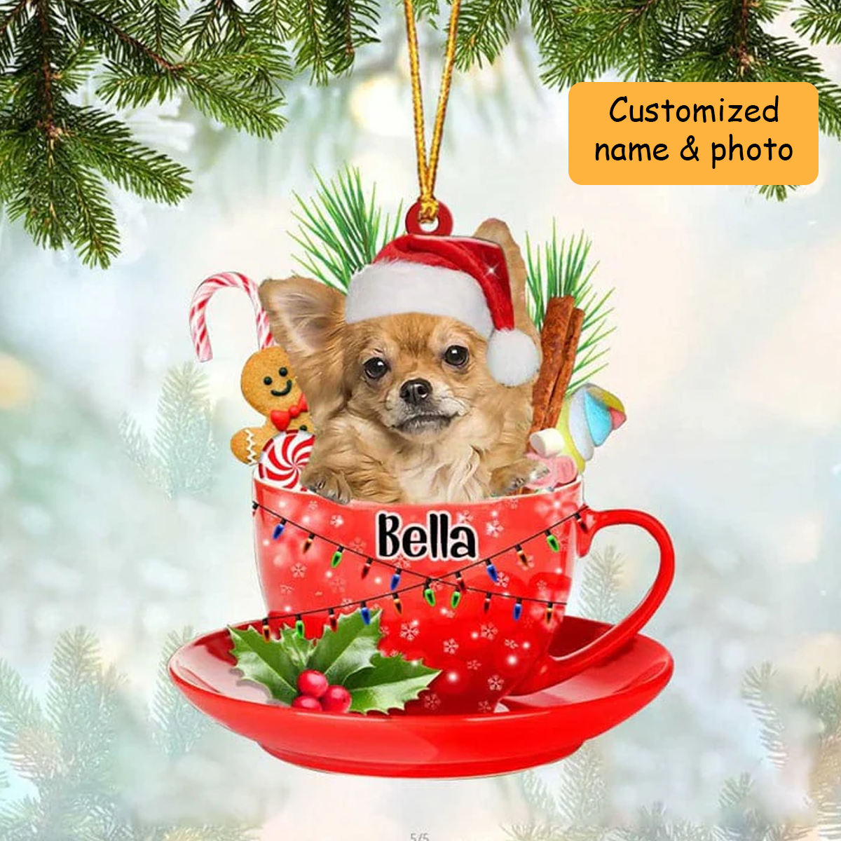 Customized Long Haired Tan Chihuahua In Red Cup Acrylic Ornament, Personalized Ornament Gifts For Christmas Dog Mom