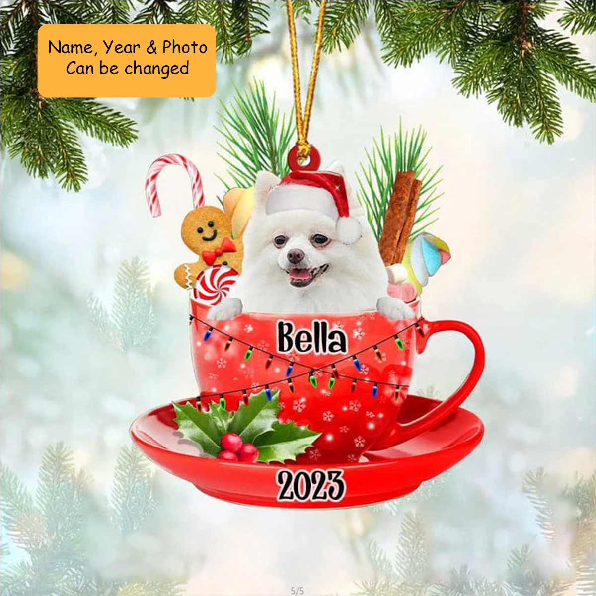 Customized White Pomeranian In Red Cup Acrylic Ornament, Personalized Ornament Gifts For Christmas Dog Mom