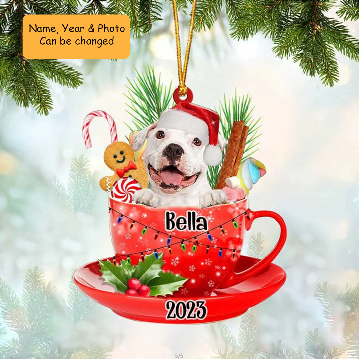 Customized White Pitbull In Red Cup Acrylic Ornament, Personalized Ornament Gifts For Christmas Dog Mom