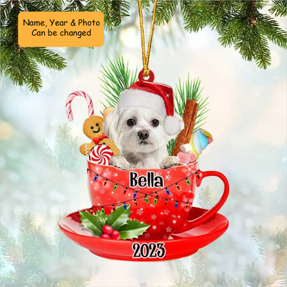 Customized White Maltese In Red Cup Acrylic Ornament, Personalized Ornament Gifts For Christmas Dog Mom