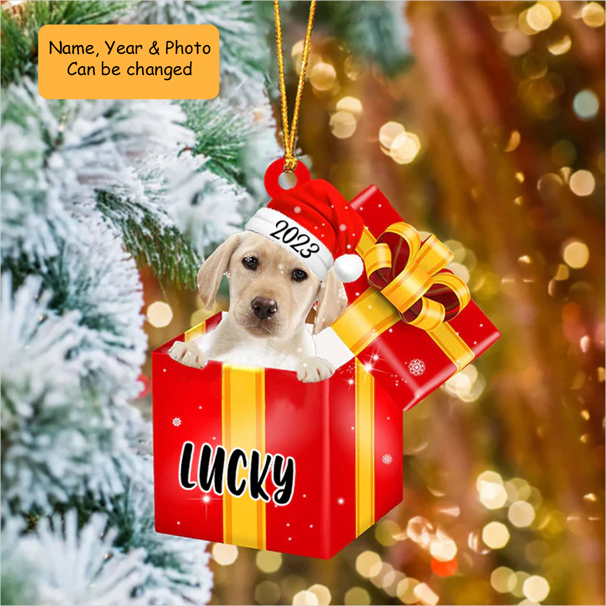 Customized Yellow Labrador In Red Gift Box Acrylic Ornament, Personalized Ornament Gifts For Christmas Dog Mom