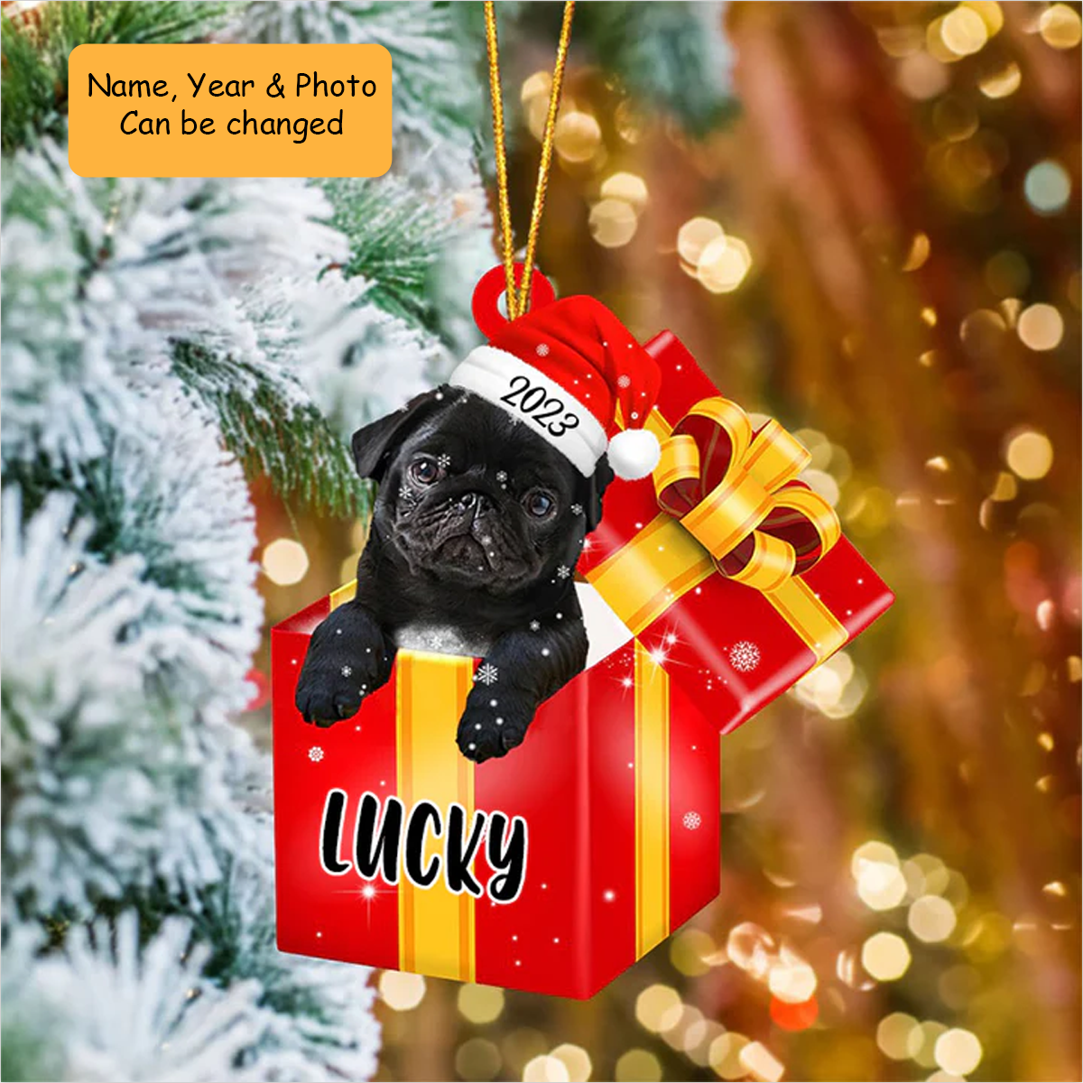 Customized Pug In Red Gift Box Acrylic Ornament, Personalized Ornament Gifts For Christmas Dog Mom