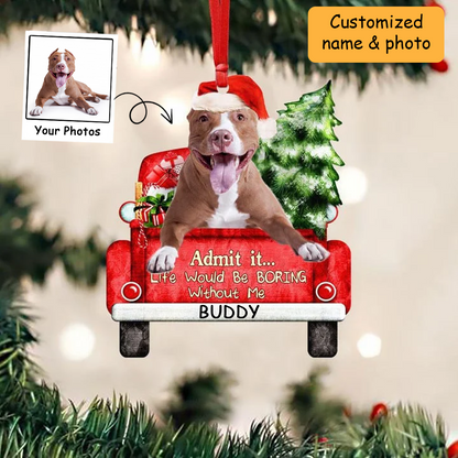 Customized Pit Bull Dog On The Red Truck Acrylic Christmas Ornament, Christmas Gift For Dog Lovers, Dog Owners