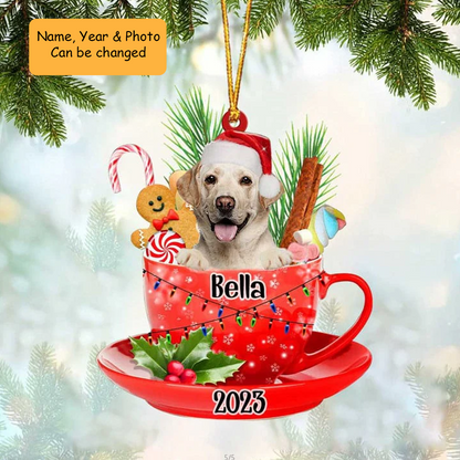 Customized Smiling Labrador In Red Cup Acrylic Ornament, Personalized Ornament Gifts For Christmas Dog Mom