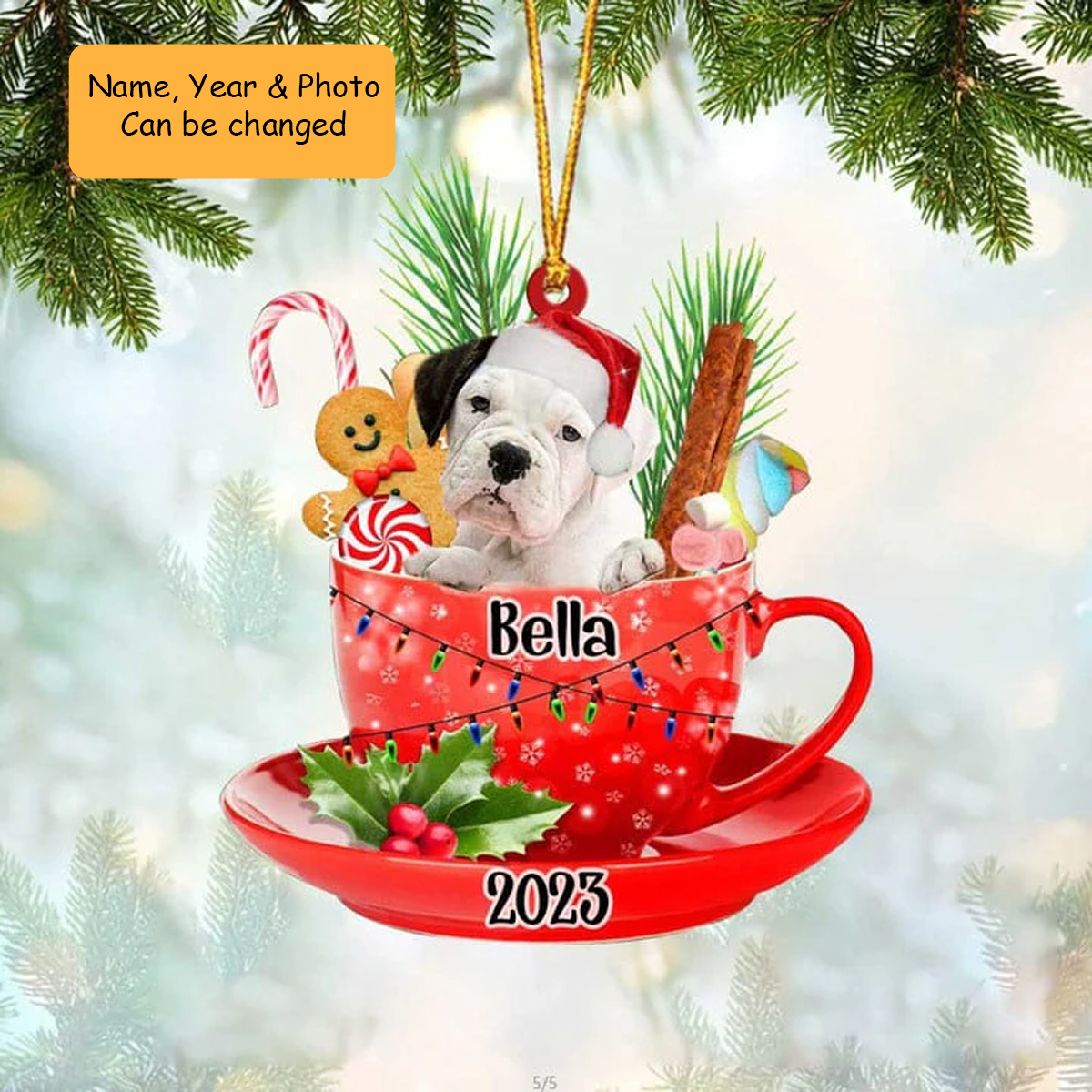 Customized White Boxer Dog In Cup Acrylic Ornament, Personalized Ornament Gifts For Christmas Dog Mom