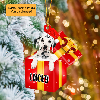 Personalized Dalmatian Dog In Red Gift Box Acrylic Ornament, Customized Ornament Gifts For Christmas Dog Mom