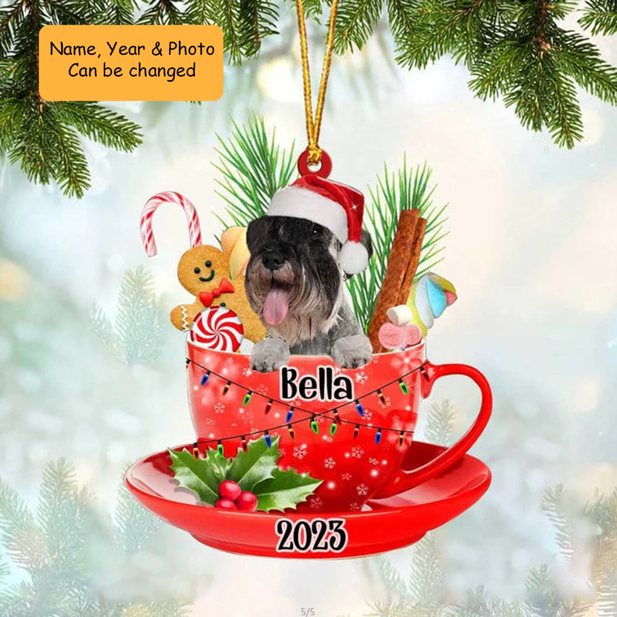 Customized Schnauzer Dog In Christmas Cup Acrylic Ornament, Personalized Ornament Gifts For Christmas Dog Mom