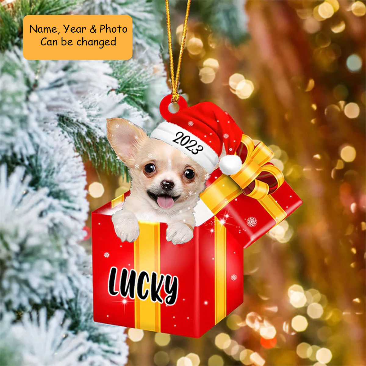 Customized Chihuahua In Red Gift Box Acrylic Ornament, Personalized Ornament Gifts For Christmas Dog Mom