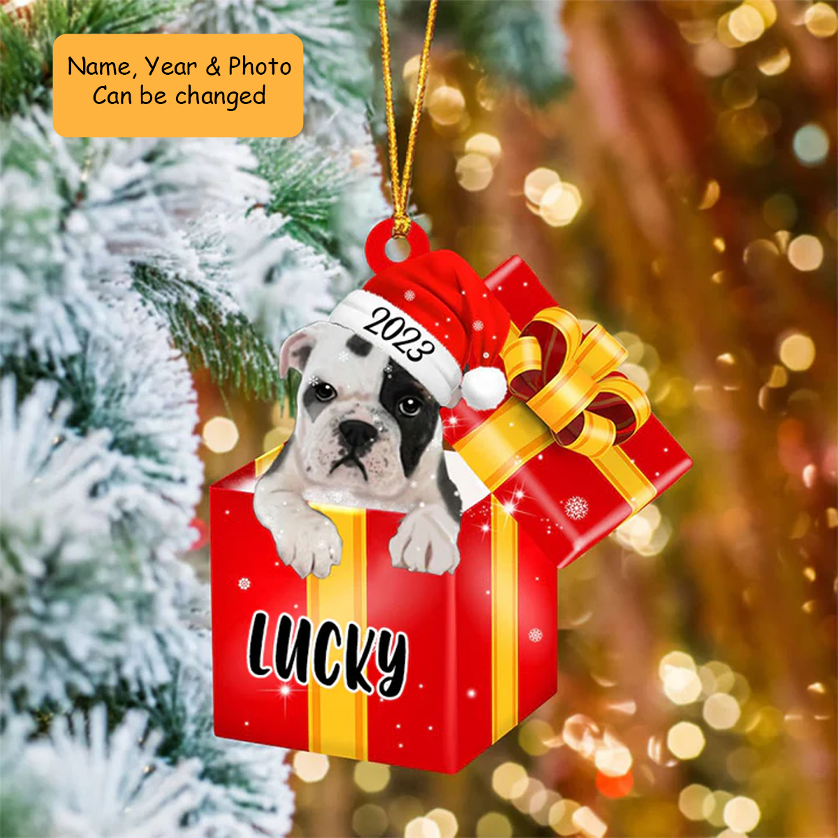 Customized Bulldog In Red Gift Box Acrylic Ornament, Personalized Ornament Gifts For Christmas Dog Mom