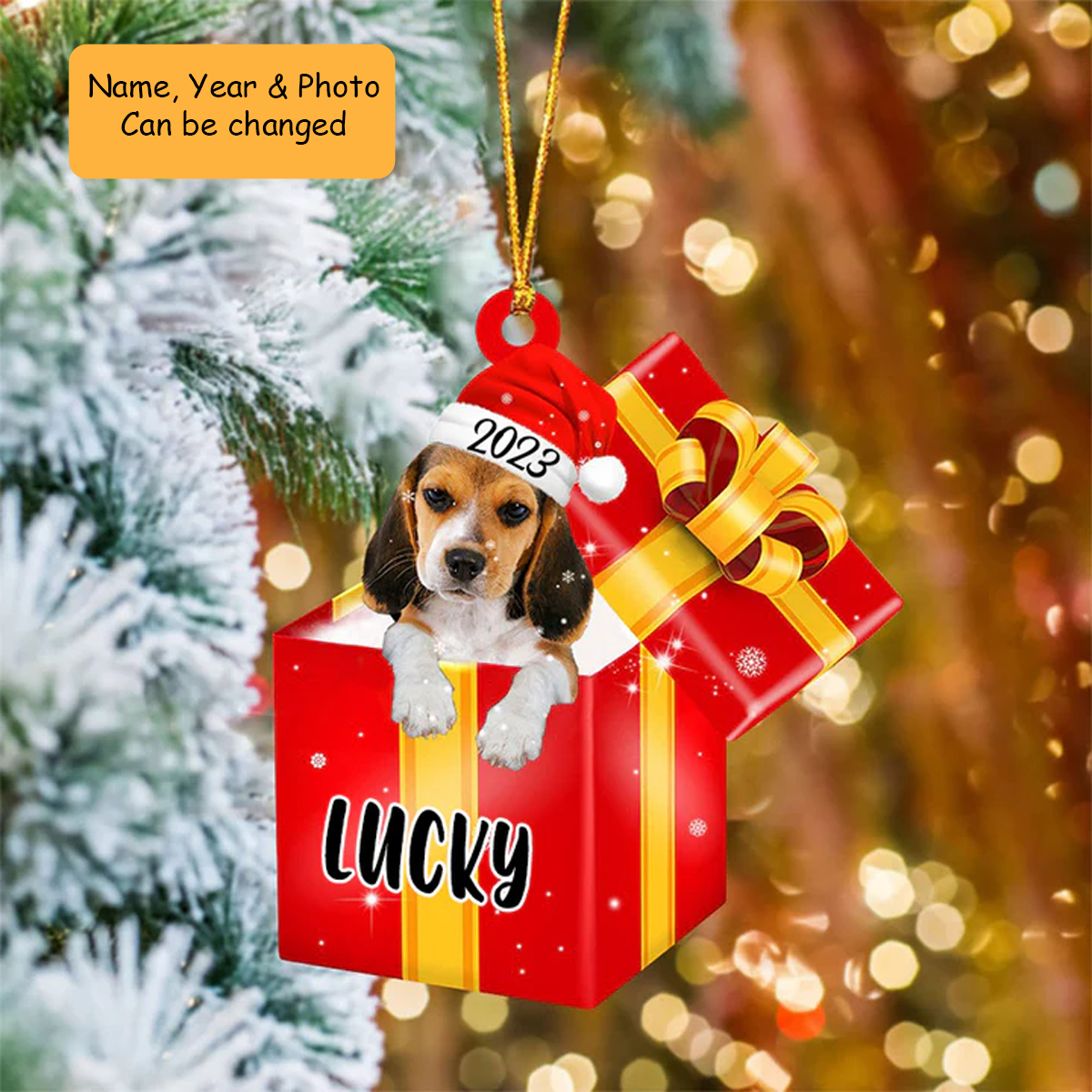 Customized Beagle Dog In Red Gift Box Acrylic Ornament, Personalized Ornament Gifts For Christmas Dog Mom