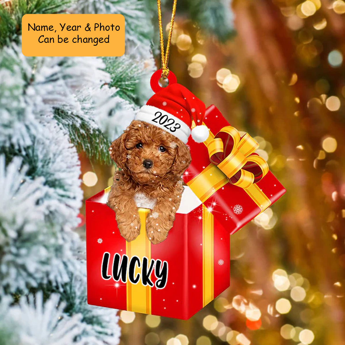 Customized Yellow Poodle In Red Gift Box Acrylic Ornament, Personalized Ornament Gifts For Christmas Dog Mom