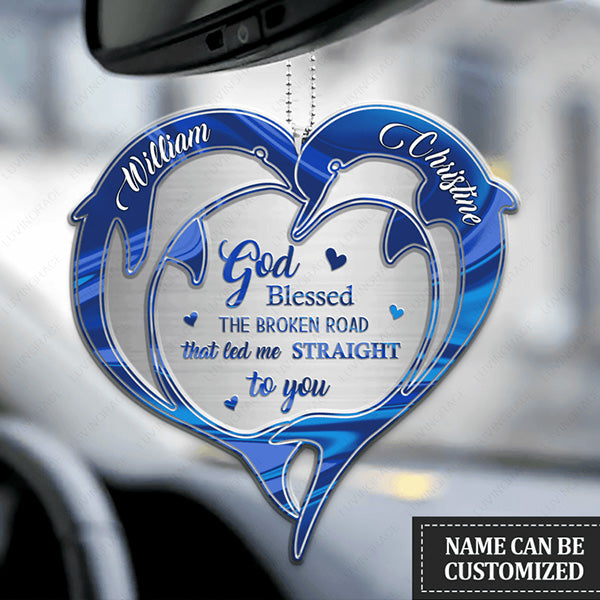 Custom Couple Name Hologram Lovely Dolphins God Blessed Acrylic Car Ornament, Perfect Christmas Gift For Couple