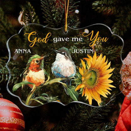 Customized Name Bird Couple Sunflower God Gave Me You Acrylic Ornament, Christmas Gift For Couple