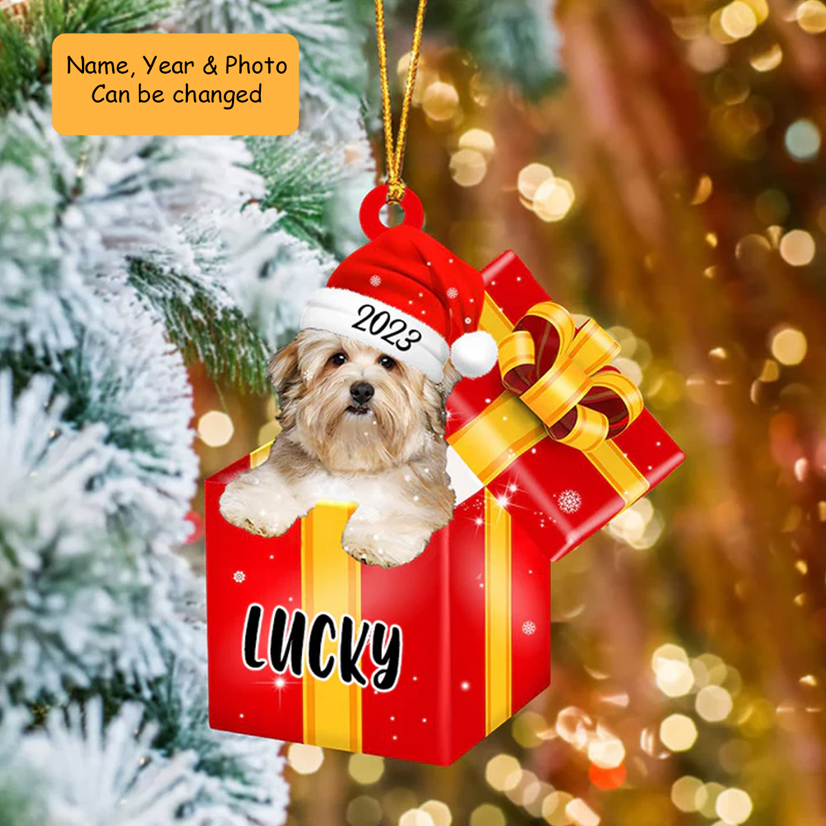 Personalized Havanese Dog In Red Gift Box Acrylic Ornament, Custom Ornament Gifts For Christmas Dog Mom