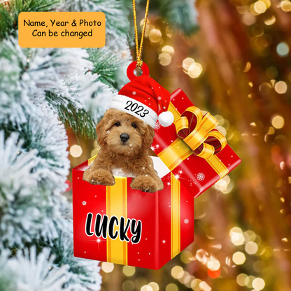 Personalized Goldendoodle Dog In Red Gift Box Acrylic Ornament, Custom Ornament Gifts For Christmas Dog Mom