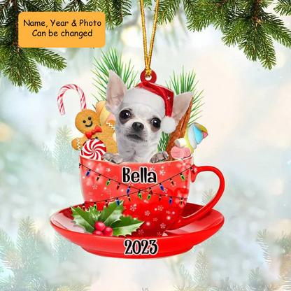 Customized White Chihuahua Dog In Cup Acrylic Christmas Ornament, Personalized Ornament Gifts For Christmas Dog Mom