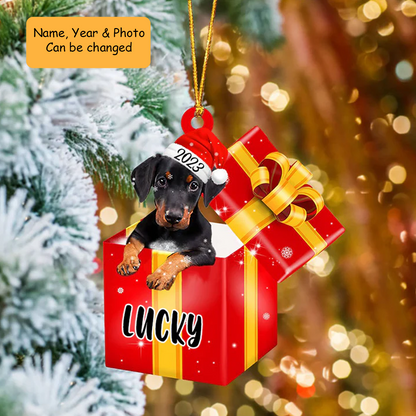 Personalized Dobermann In Red Gift Box Acrylic Ornament, Personalized Ornament Gifts For Christmas Dog Mom