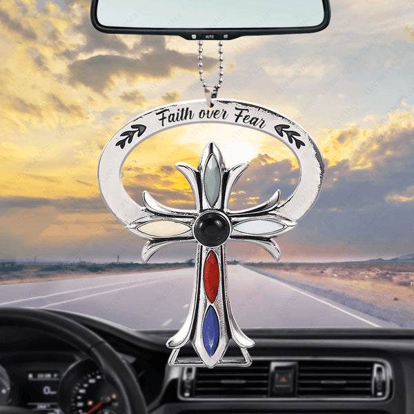 Cross Faith Over Fear Acrylic Car Ornament, Perfect Christmas Gift For Family, Friends